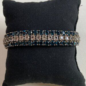 925 Sterling Silver Blue Topaz & CZ 3 Row Tennis Bracelet 7.75” Vintage